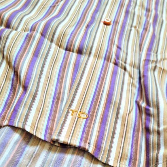 TD Thomas Dean LARGE Striped L/S Button Up Shirt Purple Gold - Picture 2 of 6